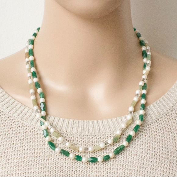 Vintage Aventurine & Genuine Pearl Beaded Necklace Double Strand Sterling Silver - Picture 1 of 5